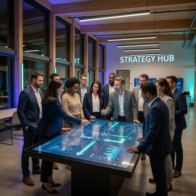 Executives collaborating in a modern workshop